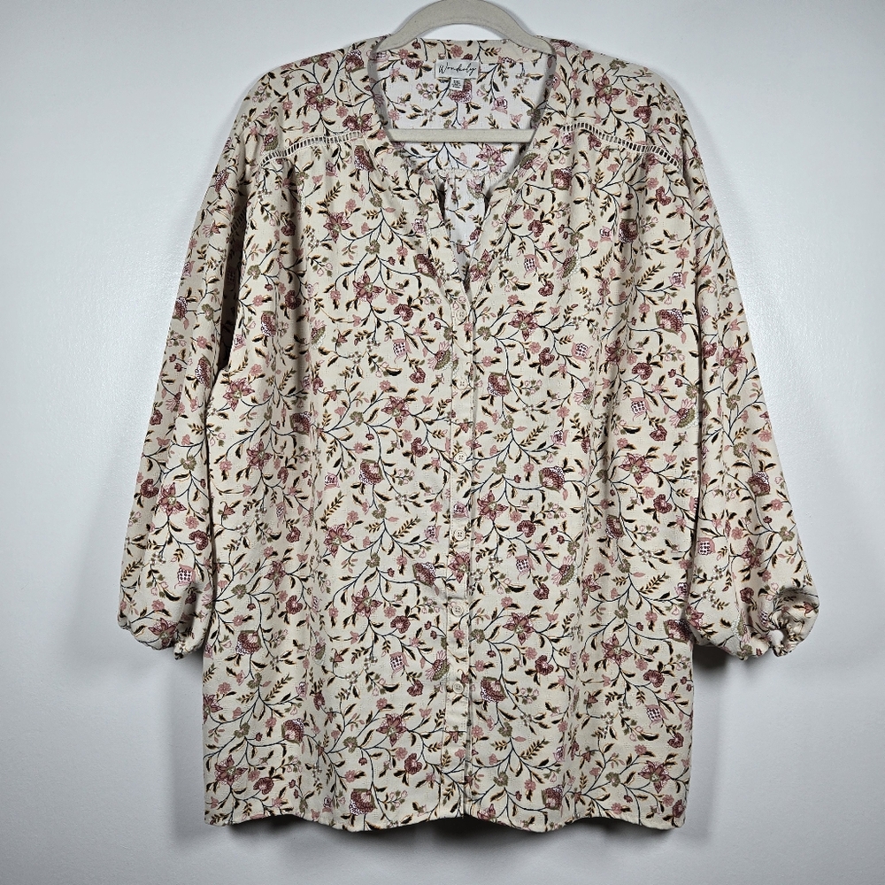 Wonderly Cream Ditsy Floral Balloon Sleeve Button Up Peasant Blouse Top Plus XXL